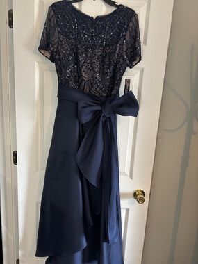 New Elegant Navy Sequin Bodice A-Line Formal Dress with Waist Tie